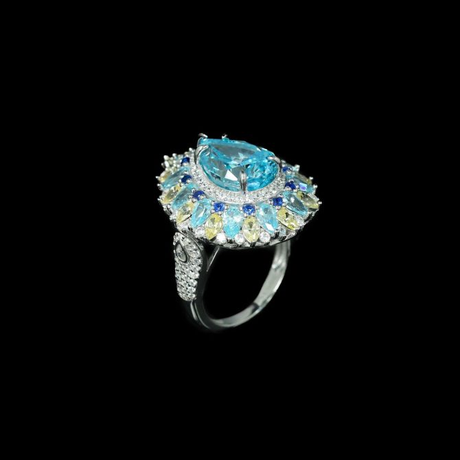 925 Silver Gold-Plated High Carbon Diamond Aquamarine Sea Cocktail Ring - Image 3