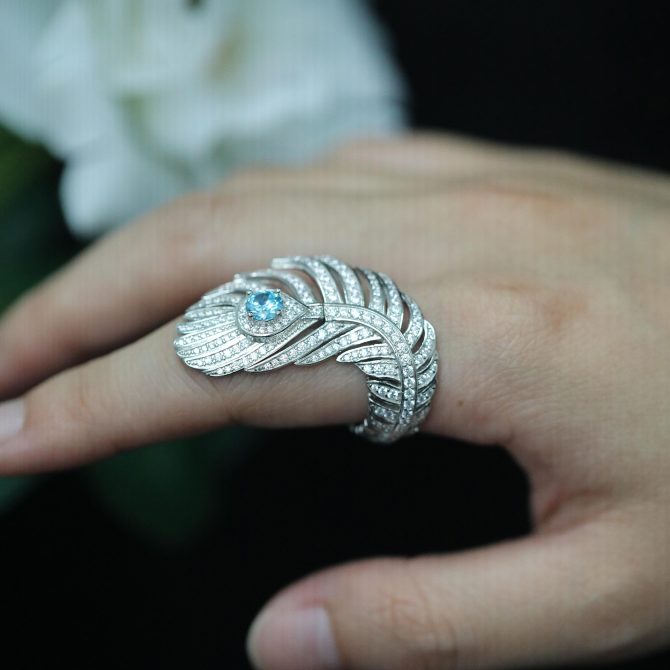 925 Silver Gold-Plated High Carbon Diamond Aquamarine Feather Ring - Image 2