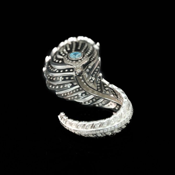 925 Silver Gold-Plated High Carbon Diamond Aquamarine Feather Ring - Image 4