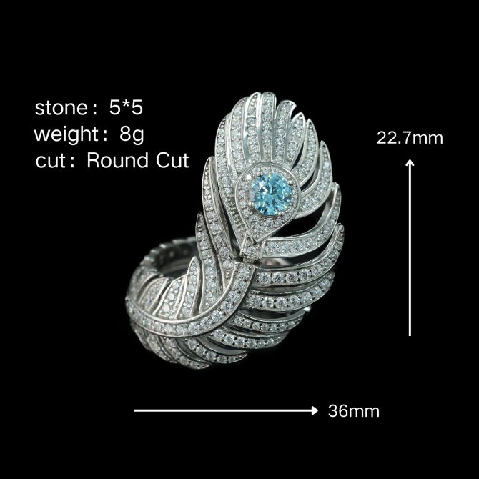 925 Silver Gold-Plated High Carbon Diamond Aquamarine Feather Ring - Image 3