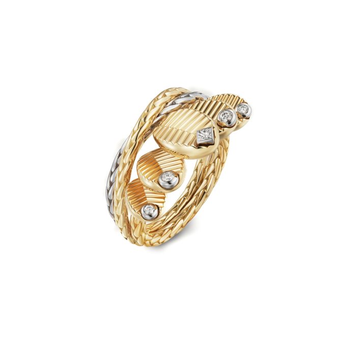 925 Silver Gold-Plated Single Row Coffee Bean Ring with High Carbon Diamond Accents